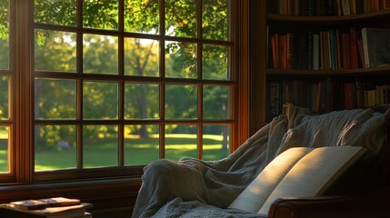 Sticker - A cozy reading nook with a sunlit window overlooking a serene garden.