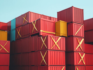 Stack of red shipping containers with yellow and blue containers in the background