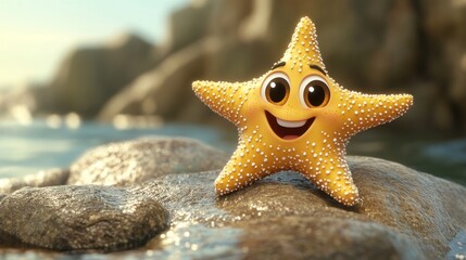 Wall Mural - A cheerful cartoon starfish with a smiling face on a rocky shore by the water.