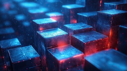 A vibrant 3D render of a futuristic blue tech block background.