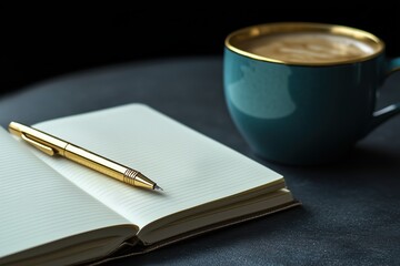 Modern minimalist desk design with notebook and gold pen