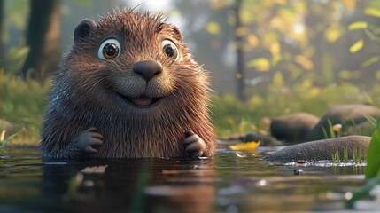 Canvas Print - A cheerful cartoon otter emerges from a serene pond surrounded by nature.