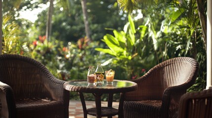 Poster - A serene outdoor seating area with drinks, surrounded by lush greenery.