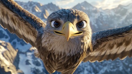 Canvas Print - A close-up of a cartoonish eagle soaring over a mountainous landscape.