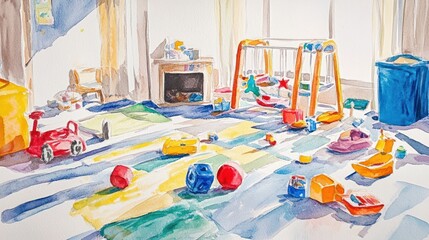 Sticker - A vibrant playroom filled with colorful toys scattered across a bright, patterned rug.