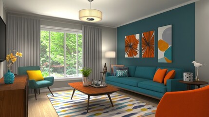 Wall Mural - A modern living room with vibrant colors and natural light, designed for comfort and relaxation.