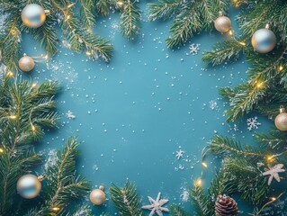 2408 36.A festive flat lay composition with a Christmas frame made of lush green fir branches and sparkling holiday decorations, all arranged on a cool blue background. The scene is a top view,