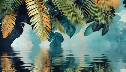 Wall Mural - Serene Tropical Leaf Reflections in Water with Minimalistic Art Showcasing Intricate Patterns in Light Cyan and Navy Tones