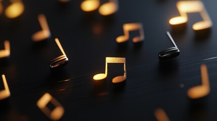 Canvas Print - A close-up of golden musical notes scattered on a dark surface, creating a vibrant atmosphere.