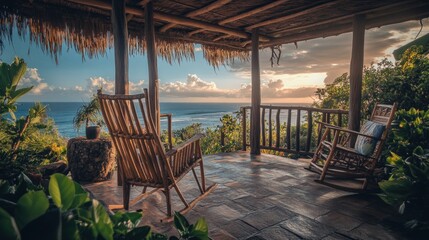 Sticker - A serene porch overlooking the ocean at sunset, inviting relaxation and tranquility.