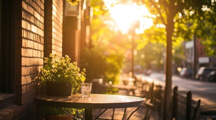 Wall Mural - A sunlit café scene with a table, glass, and potted plants, evoking a serene atmosphere.