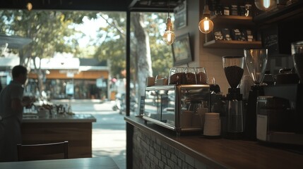 Poster - A cozy café interior with a barista preparing drinks, showcasing a vibrant street view.