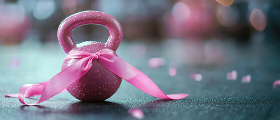 kettlebell with a pink ribbon, symbolizing breast cancer awareness, set on a gym floor with workout equipment