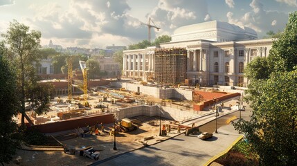 Hyper-realistic image of a new cultural center being built in a historic district, blending modern construction with traditional architecture