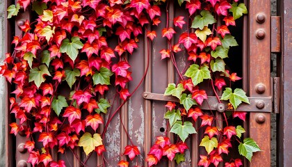 A vibrant vine, now deep red and orange from the changing season, wraps itself tightly around an old, rusty gate.