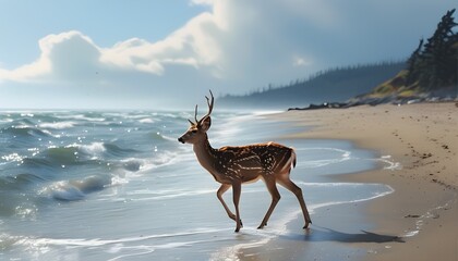 Wall Mural - Wild deer exploring the sandy shores at sunrise