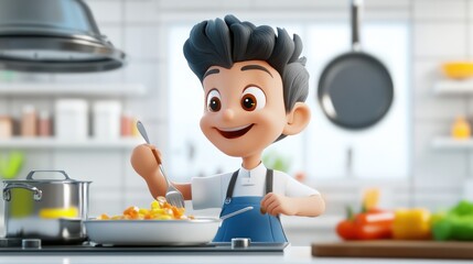 Wall Mural - A cheerful young boy cooking in a bright kitchen, enjoying preparing a meal.