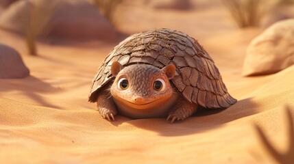 Canvas Print - A cute, animated tortoise-like creature with large eyes in a sandy environment.