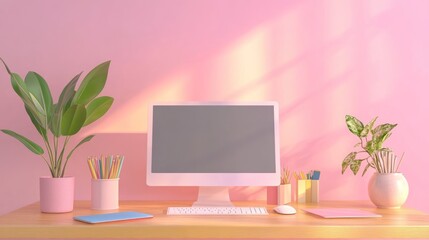 Poster - A pastel-colored workspace with plants, a computer, and stationery, promoting productivity.