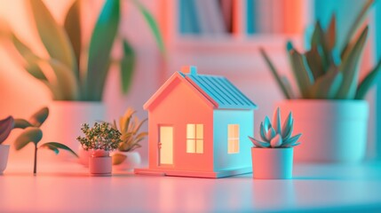 Poster - A cozy model house surrounded by potted plants, illuminated with soft lighting.