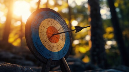 Sticker - A colorful archery target with an arrow embedded, set in a serene forest backdrop.