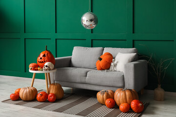 Sticker - Beautiful living room with disco ball and pumpkins decorated for Halloween party