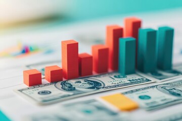 Aufkleber - Bar chart with dollar bills rising, business growth, 3D illustration
