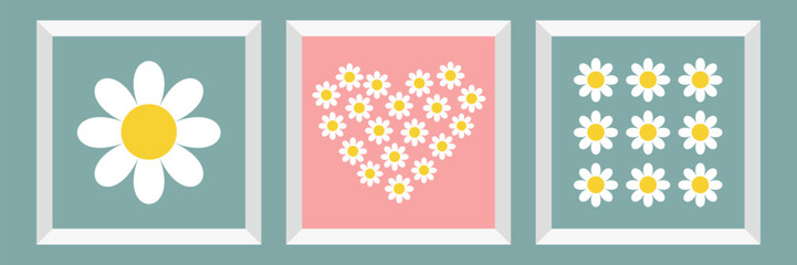 Wall Mural - Chamomile icon set. White daisy camomile picture frame set. Heart shape. Valentines Day. Cute hand drawn flower plant. Growing concept. Love card sign symbol. Flat design. Blue Pink background. Vector