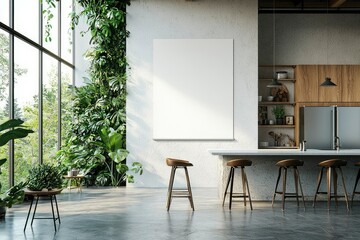 Wall Mural - Modern Kitchen Interior with Large Blank Canvas and Bar Stools