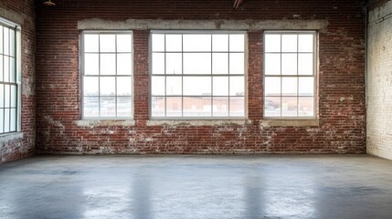 Sticker - A spacious industrial room with large windows and exposed brick walls.