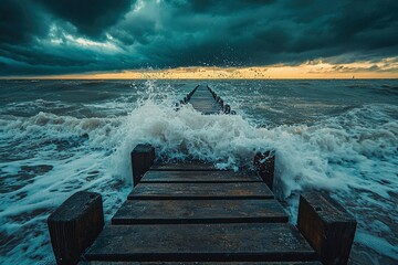 Wooden Pier Extending into a Rough Sea with Dramatic Sky