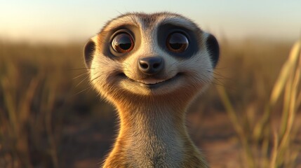 Canvas Print - A cheerful meerkat with big eyes smiling in a grassy landscape at sunset.