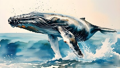 Colorful Watercolor Whale Surrounded by Ocean Waves