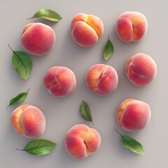 Canvas Print - A collection of peaches with green leaves arranged artistically on a light background.