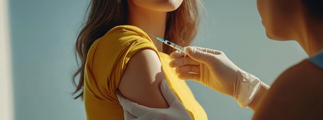 A woman in a yellow shirt receives a vaccination.