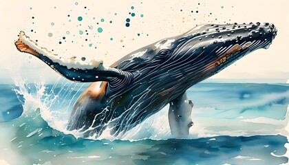 Colorful Watercolor Whale Surrounded by Ocean Waves