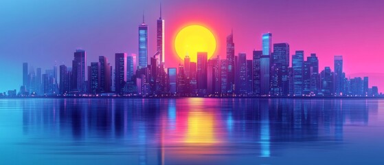 Wall Mural - Skyline at sunset with vibrant colors reflected in water creates a serene atmosphere over the city landscape