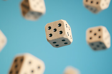 Dice falling on a light blue background. Dice game concept