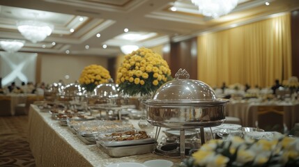 Wall Mural - A beautifully arranged banquet with food and floral decorations in an elegant setting.