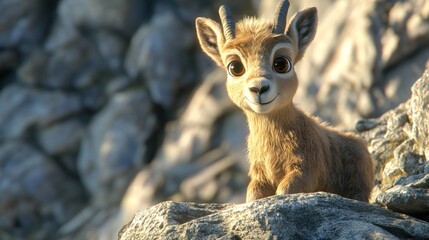 Canvas Print - A cute, animated young goat sitting on a rock with a friendly expression.