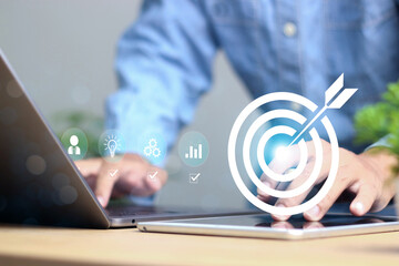 Wall Mural - businessman touch target icon business growth and vision, action plan, goal and target, success and 