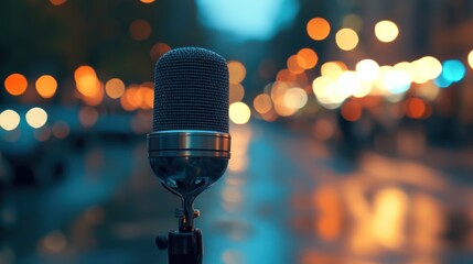 Wall Mural - A microphone stands in focus against a blurred urban backdrop with soft bokeh lights.