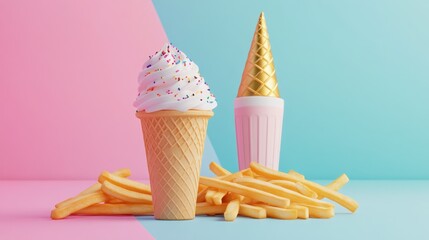 Sticker - A colorful display of ice cream cones and French fries on a pastel background.