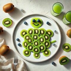 A creative food presentation. Arrange slices of kiwi on a white, irregularly shaped plate