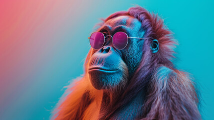 Pride orangutan with sunglasses in front of a neon background