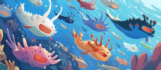 Wall Mural - Artwork depicting sea slugs sea hares and nudibranchs encountered while scuba diving