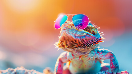 A bearded dragon wearing sunglasses in front of a colorful tropical background