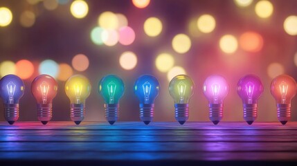 Wall Mural - Colorful light bulbs arranged on a wooden surface with a blurred bokeh background.