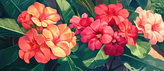 Artwork of Adenium blooms showcasing vibrant pink and red flowers in a lush garden setting celebrating the beauty of spring and nature