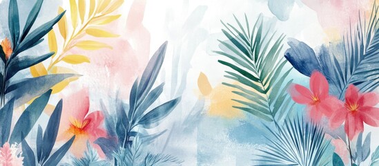 Wall Mural - Abstract art vector illustration featuring watercolor elements Hand drawn plants including palms rainforest foliage and flowers Ideal for modern prints wallpapers posters and murals